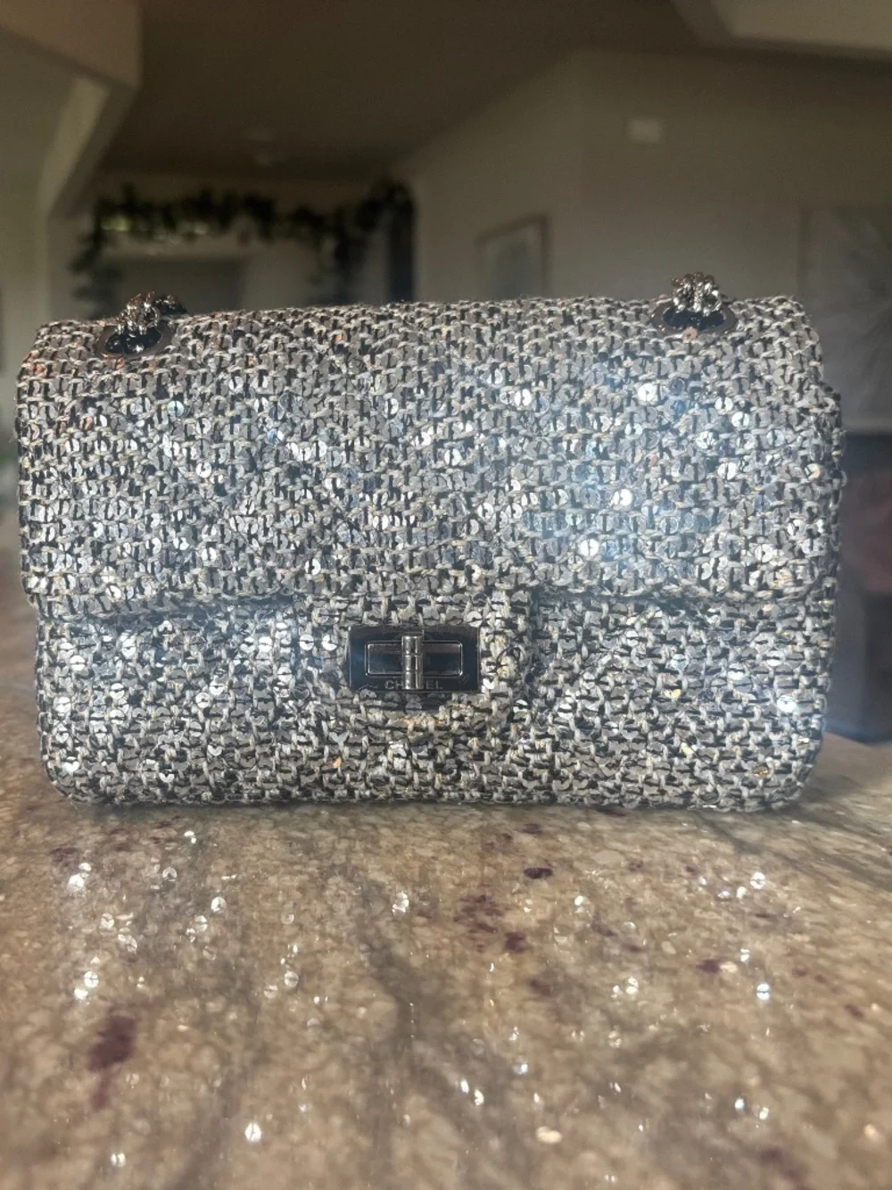 Chanel 2.55 Reissue Silver Sequin Tweed Flap Bag
